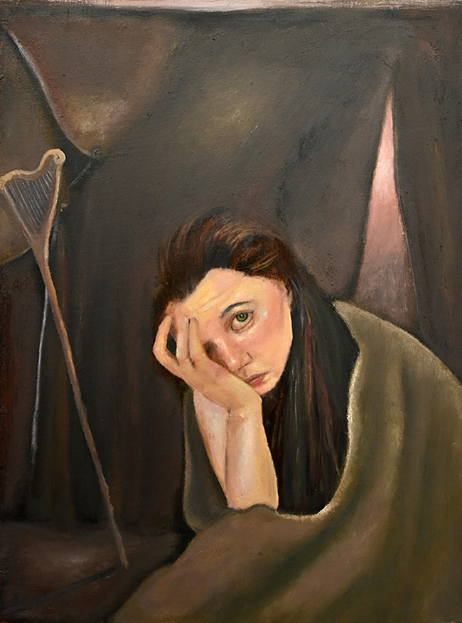 Painting of distraught woman with harp