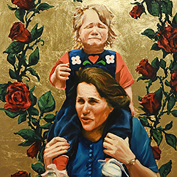 Painting of mom with child on shoulder, the child is fussing, and they are haloed by roses