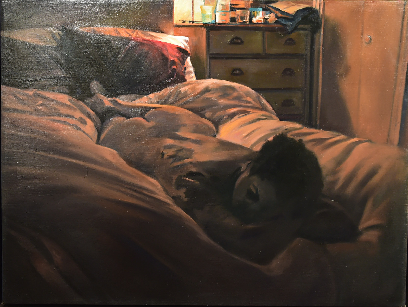 Regina Miele painting titled Sleep with Still Life in Red Ochre and Viridian