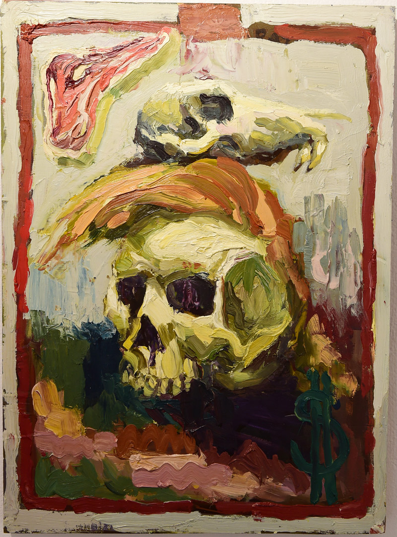 Painting by Steve Lewis title Red Meat for the Base (Memento Mori)
