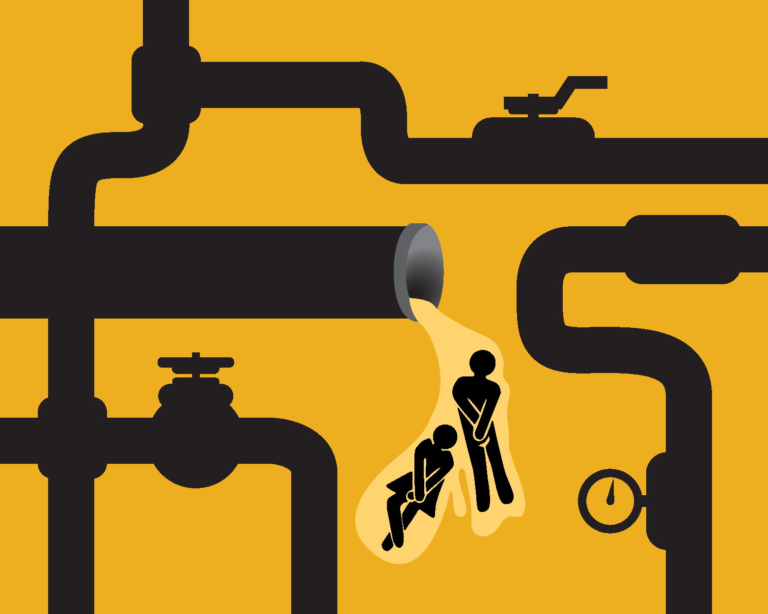 yellow background with black drain pipes crossing over image. 2 liquid drops from the pipes with man and woman figures with crossed legs.