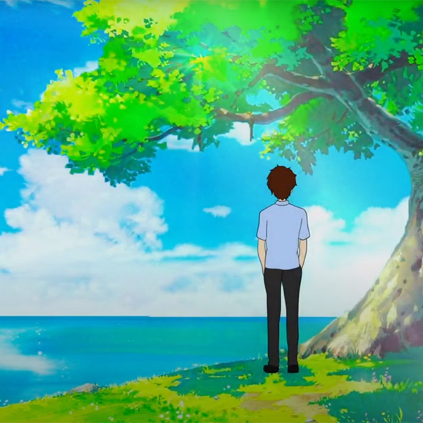 Anime image of boy on hill