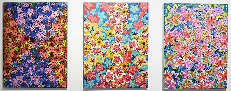 Three paintings with geographic floral structures