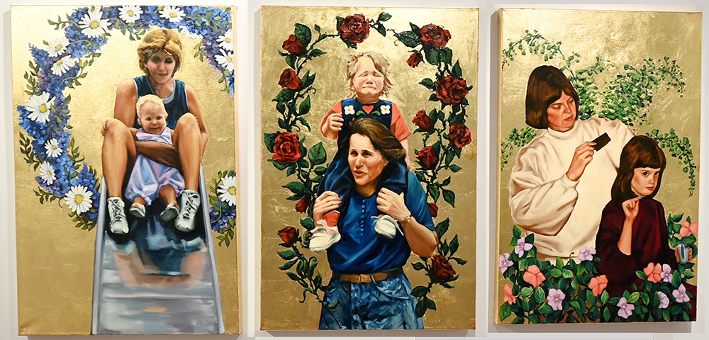Three paintings of mothers with children haloed by a ring of flowers