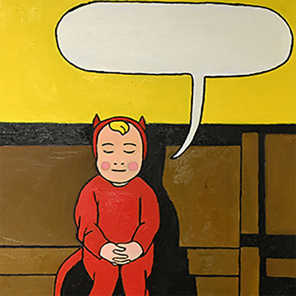 painting with a blank dialogue bubble with a child in devil costume praying at church