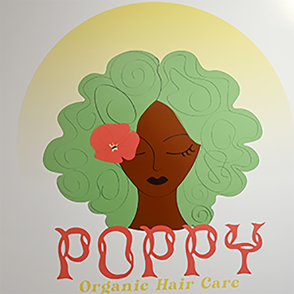 Poster for hair care products with a cartoon woman of color with green hair